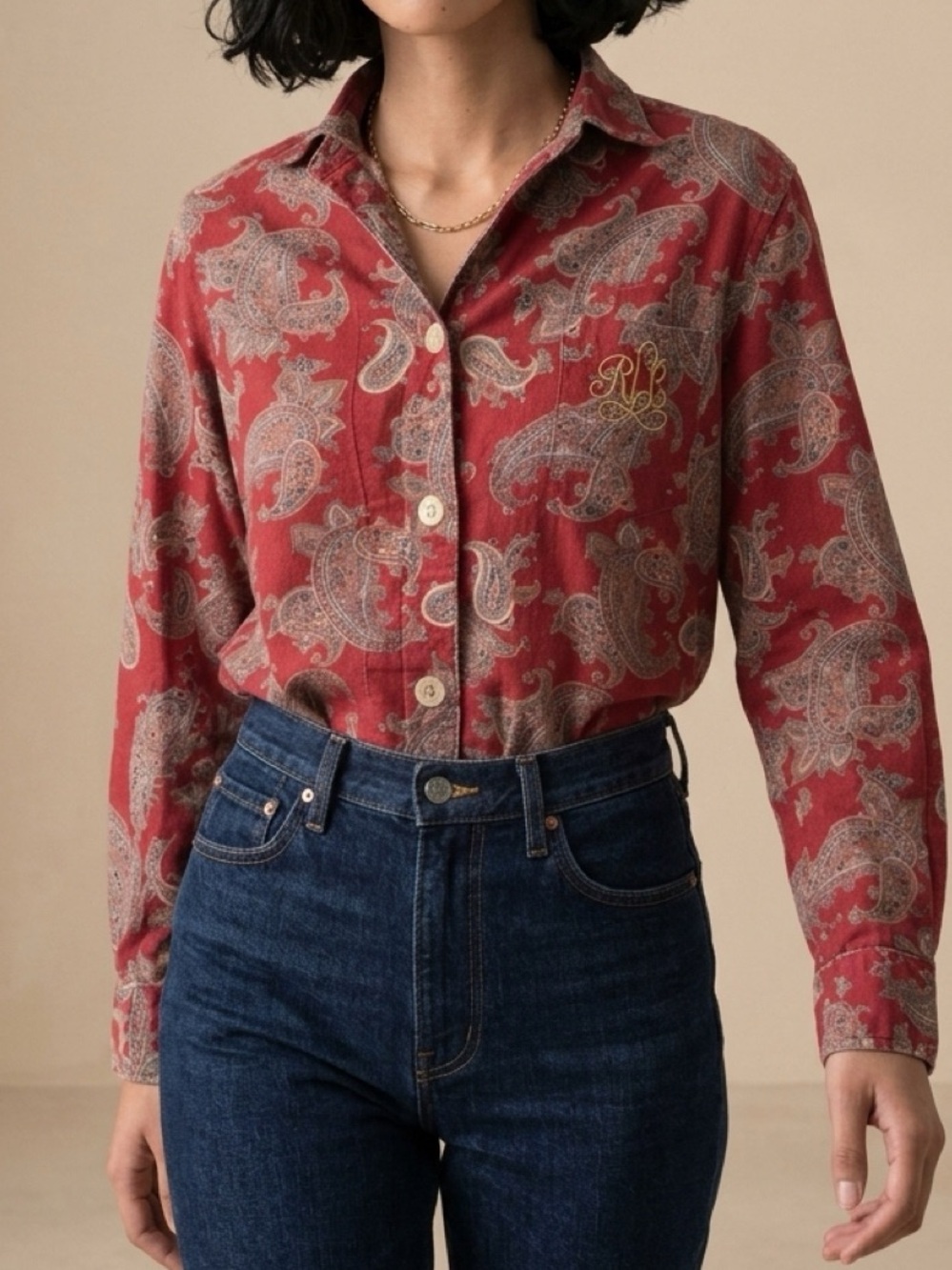 Lauren Ralph Lauren Red Washed Button Down Long Sleeve Shirt Sz S Paisley Boho‎